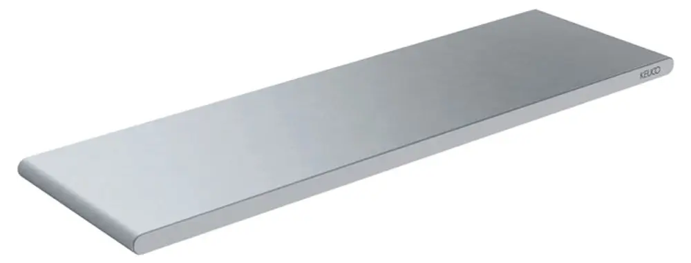 Aluminium-Duschablage in silberner Eloxierung, rechteckig und flach, mit abgerundeten Kanten, geeignet für die Montage im Badezimmer. Marke: Keuco.
